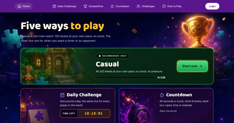 The Zulpez home screen, Five ways to play, with its game modes laid out over a purple night scene