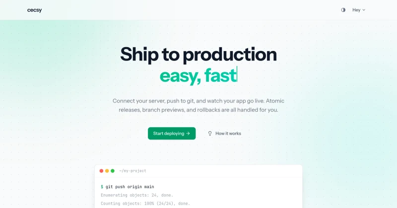 The Cecsy landing page: Ship to production easy, fast, above a terminal panel showing a deploy log